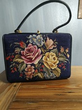 Needlepoint Vintage Romantic Floral Navy Purse Handbag Top Handle Hong Kong