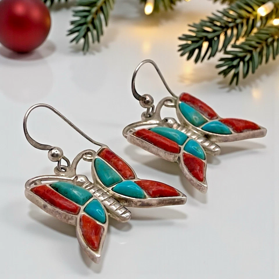 NUEVO Pendientes colgantes Jay King DTR 925 coral rojo esterlina y turquesa mariposa Foto 4 de 4