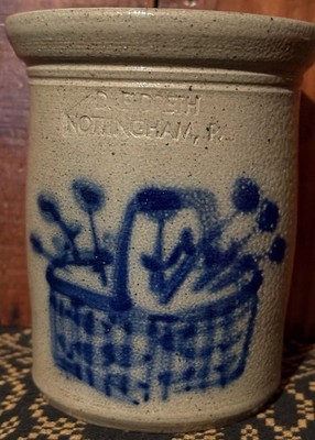 Vintage David Eldreth Salt Glaze Pottery Split Oak Woven Basket Flower Crock