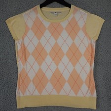 Tommy Hilfiger Sweater Womens XL Yellow Orange Argyle Short Sleeve Academia Knit