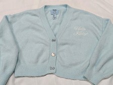 FOREVER 21 Hello Kitty Fuzzy Cardigan Sweater Plush S Small Enamel Buttons Blue