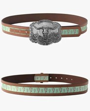 New TOPACC Western Cowboy Belt Longhorn Buckle Cactus Pattern Brown Mint Green