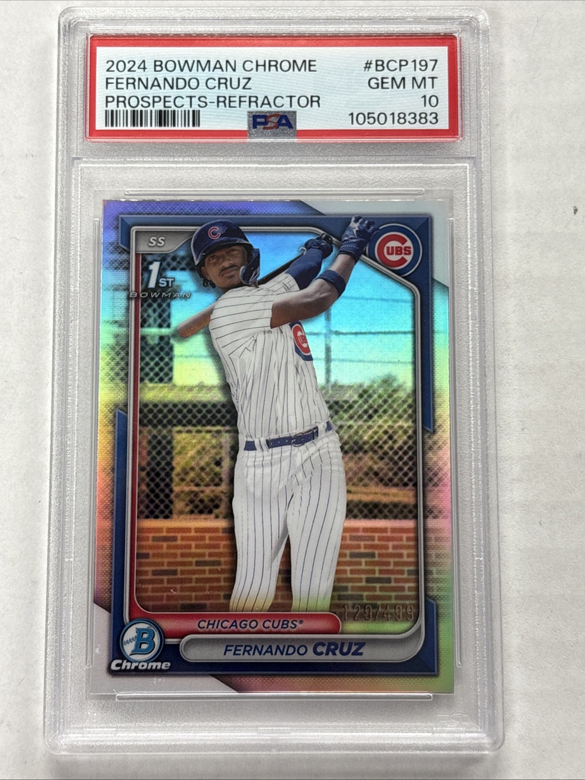 2024 BOWMAN CHROME FERNANDO CRUZ #/499 REFRACTOR 1ST PSA 10 CUBS SP