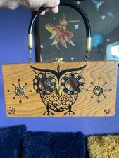 Vintage 1960’s Hand Signed Enid Collins Night Owl Wood Purse