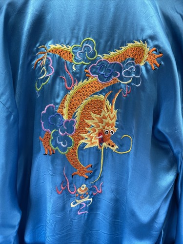 PEACOCK 100 % Silk Hand Embroidered Kimono Robe Torqoise Dragon Women S - Picture 7 of 7