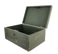 ASCO Art Steel Co Olive Green Wooden Box Hinged Lid Military Style Lockbox 11"