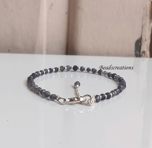 AAA Iolite and Silver Pyrite Beads Bracelet Beaded Shine Beads Jewelry Wife Gift - Foto 4 di 7