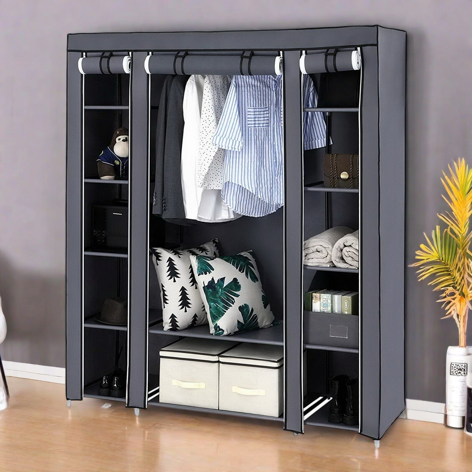 5-Tier Portable Wardrobe Closet - Gray, Non-woven Fabric,12-Cube & Roll-Up Door