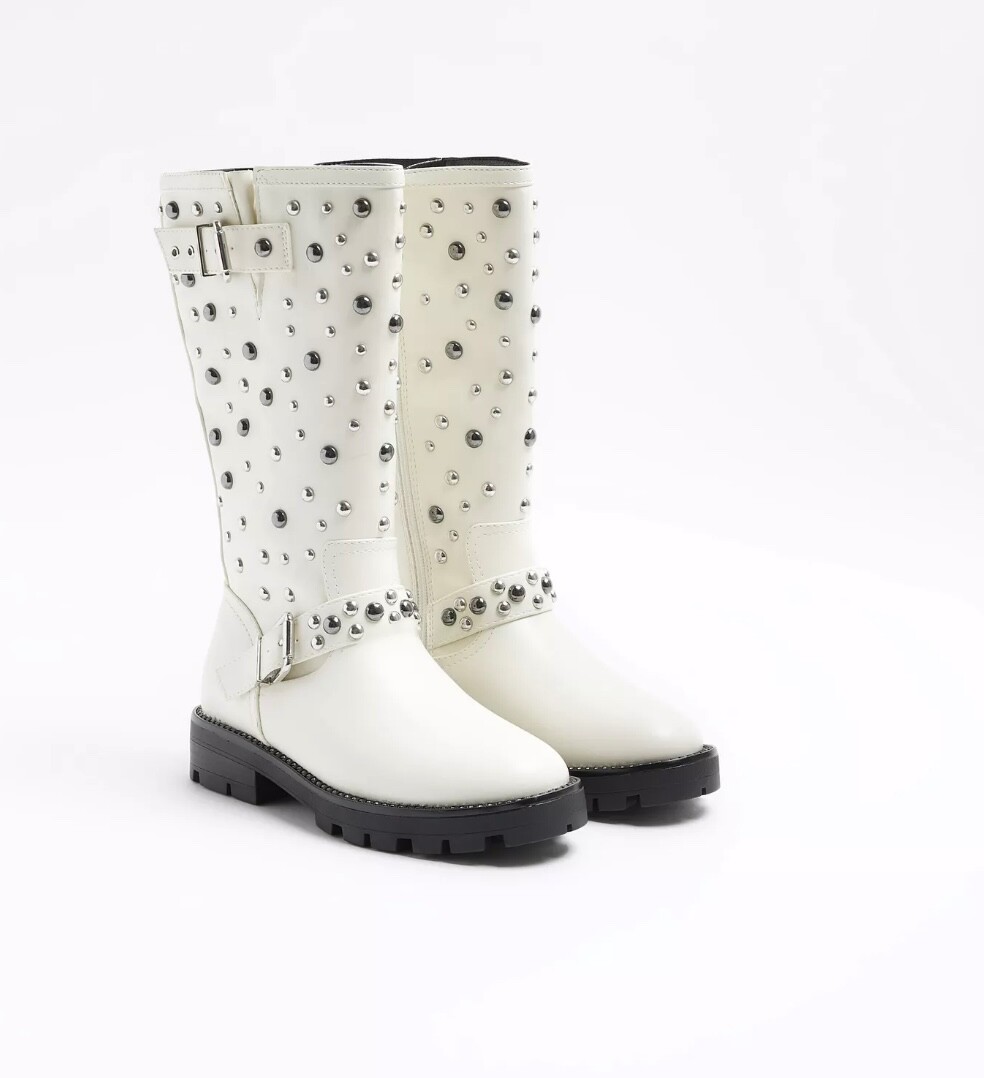 SAOLA STIVALI BIKER RIVER ISLAND BIANCHI BORCHIATI SUOLA SCOLLATA TAGLIA 4 NUOVI CON SCATOLA