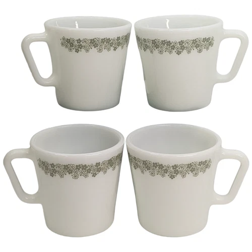 Pyrex Spring Blossom Green Crazy Daisy Coffee Cup Mugs D Handle Milk Glass 4 Set