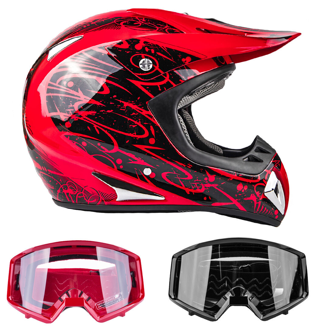 Adult Red Off Road Helmet Combo ATV Red Black Goggles DOT UTV Dirt