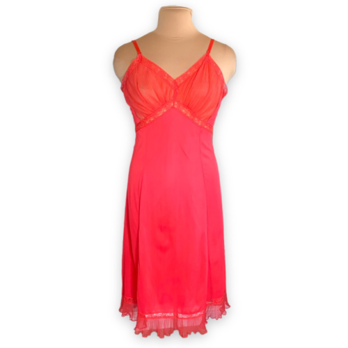 Vintage Ruby Red Slip Dress Nylon Sheer Pleated Bust Lace Detail Size Small - Picture 1 of 10