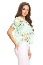 Yelete Women's Short Sleeve Crop Top/Shirt w/ Hole Detail MINT GREEN Size LARGE