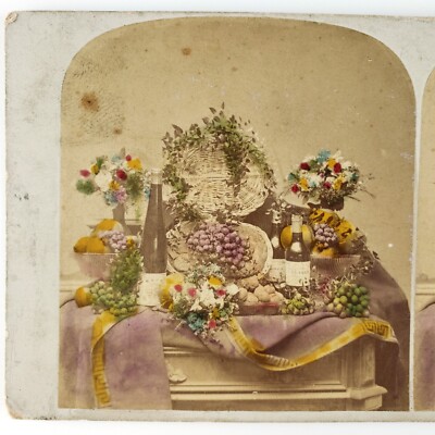 Side Table of Tinted Fruit Stereoview c1870 Still Life Basket & Wine Photo B2008