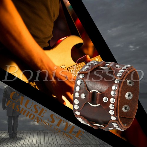 Punk Rocker Rivet Heavy Wide Leather Wrap Cuff Bangle Bracelet Men's Wristband - Picture 15 of 18