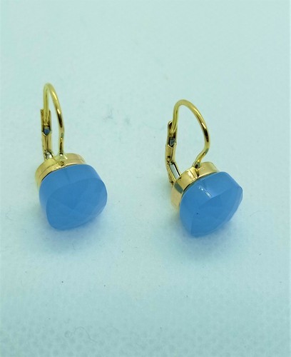 Boucles D'Oreilles En Or Jaune 18 Carats Avec Pendeloques Quartz Chalcédoine Céleste - Neuf Avec Étiquettes, Pour Femme