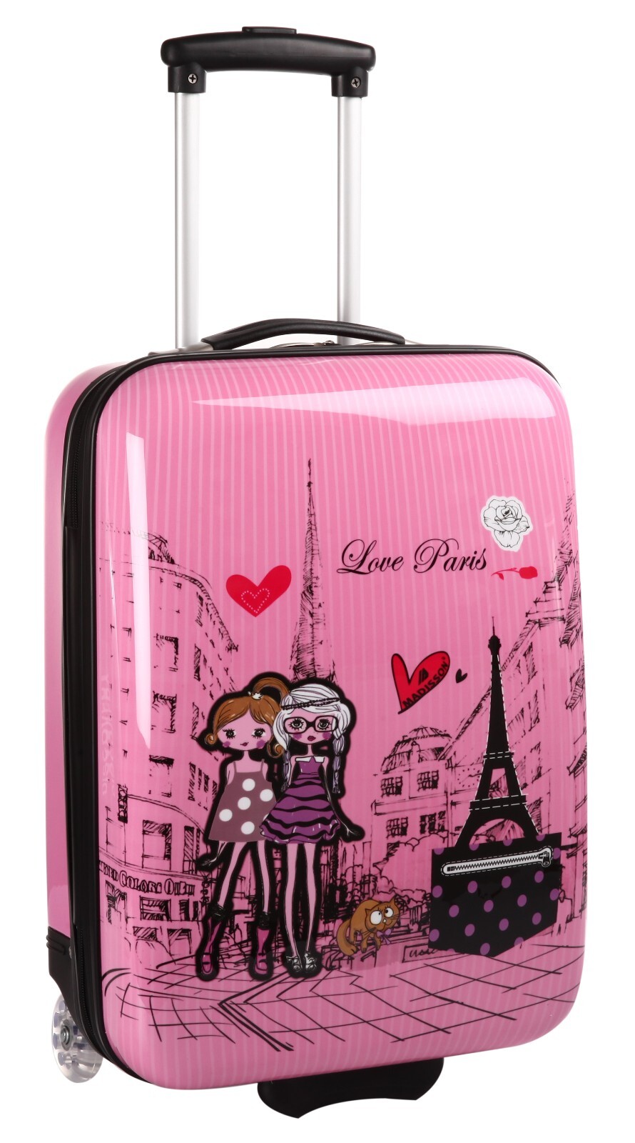 Valise cabine enfant rose Love Paris avec 4 roues multidirectionnelles