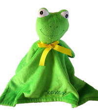 Honey Bunny Frog Lovey Security Blanket Green Velour Embroidered XOXOX -Lg. 17"