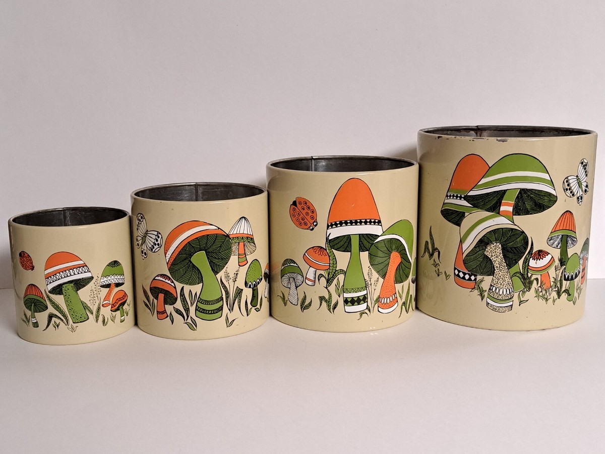 vintage Ransburg Mushroom & Butterflies Metal Canisters no lids