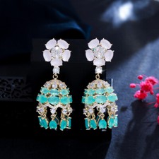 Women Boho Gold Plated Cubic Zirconia Flower Bell Long Drop Earrings for Wedding