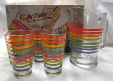 Vtg. Libbey Cantina 5 pc Beverage Set Fiesta Striped  Pitcher and 4 Tumblers NIB