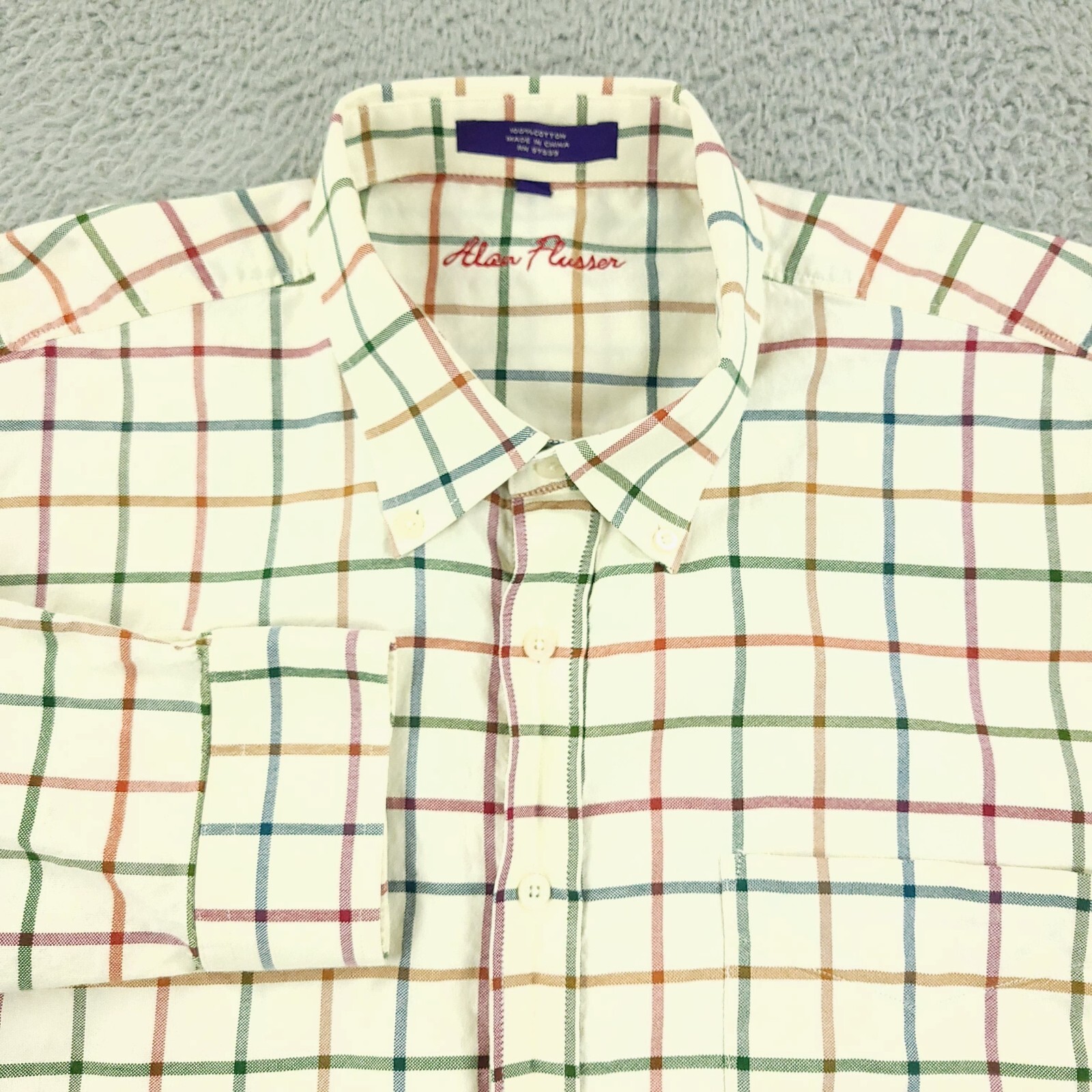 Alan Flusser Shirt Mens 2XL XXL Ivory Green Blue Business Office Causal