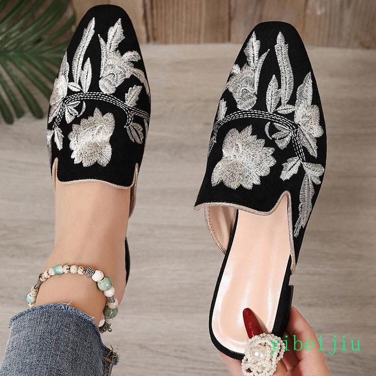 2025 Zapatillas Étnicas Para Mujer Bordado Flor Zapatos Planos Mules De Colección Confort Foto 3 de 4