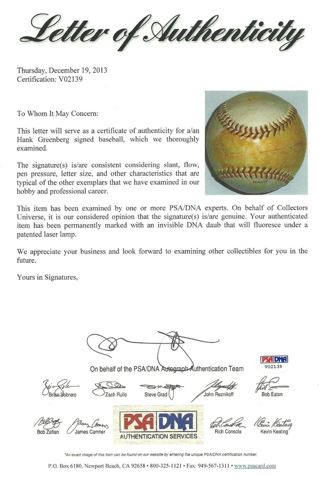 Hank Greenberg Signed Vintage National League Baseball PSA/DNA COA Tigers Auto'd - Image 4 of 4