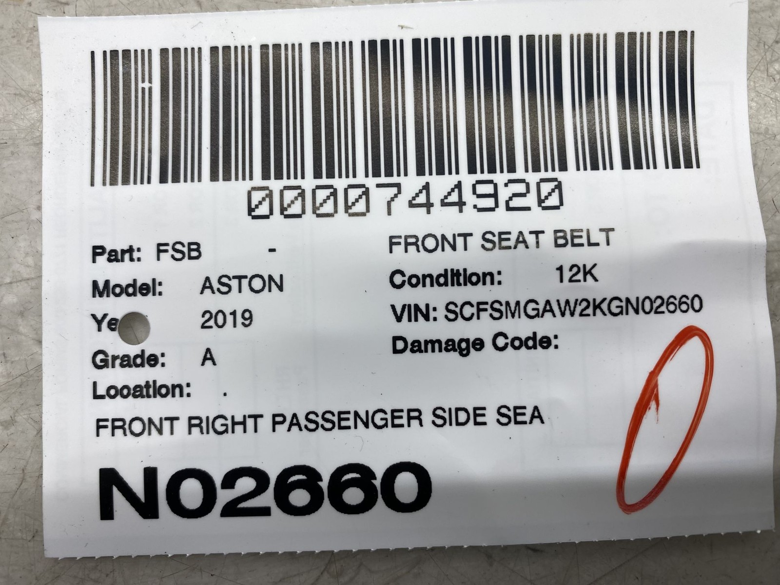 2019-2023 ASTON MARTIN VANTAGE OEM FRONT RIGHT PASSENGER SIDE SEAT BELT BUCKLE