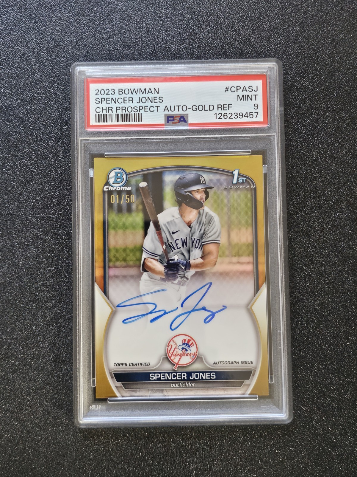 Spencer Jones 2023 Bowman Chrome 1st Auto 1/50 Gold Refractor PSA 9