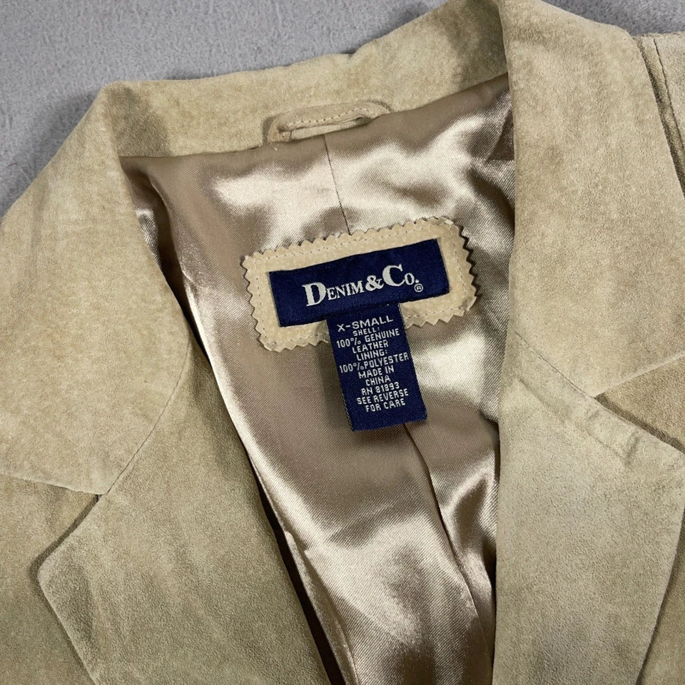 Blazer Mujer Denim & Co. XS Beige Cuero Genuino Un Botón Forrado Chaqueta Foto 3 de 4