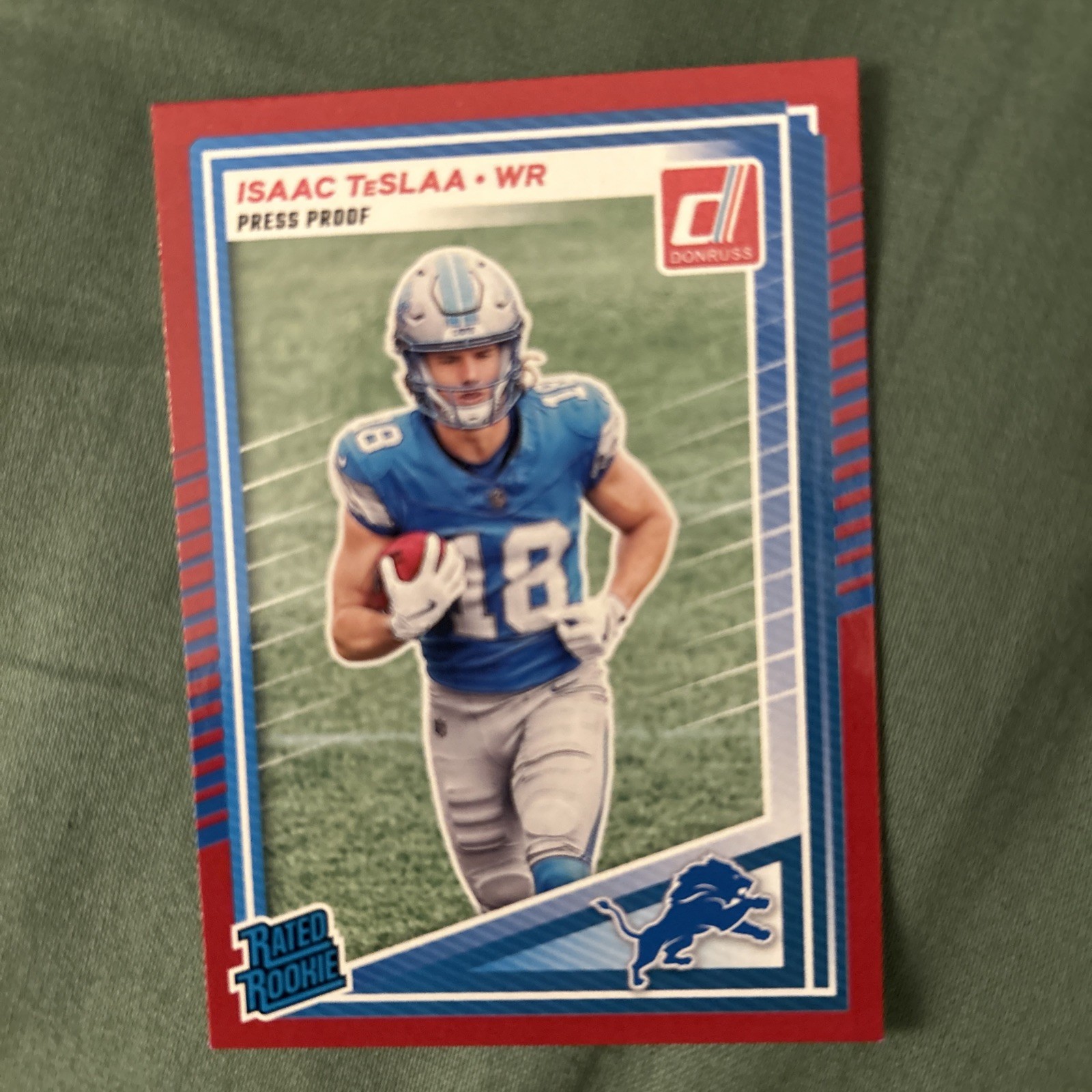 2025 Donruss Isaac TeSlaa Rated Rookie Press Proof Red RC #338 Lions