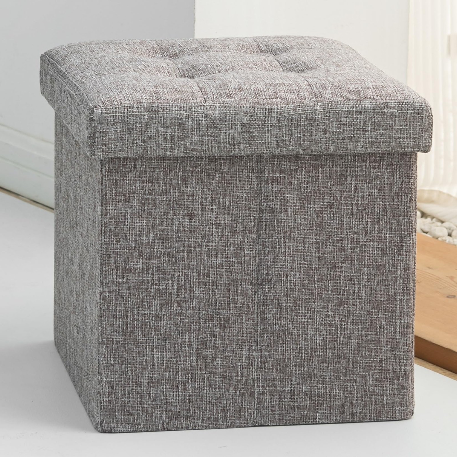 Oak & Tea Storage Ottoman Seat Foldable Storage Box with Lid 30x30x30 cm | Linen-style fabric multi-purpose footstool, extra seat with storage, ideal for living room, bedroom, hallways, Grey - Image 2