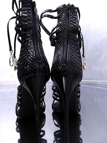 Luxury Designer Women's O42 Boots High Heel Sandals Faux Python Leather Black 37 - Picture 4 of 8