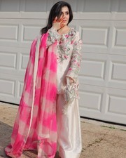 Natural Crepe Silk Embroidered White Farshi Pent Suit Set With Printed Dupatta