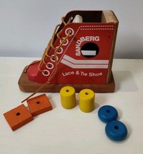 Sandberg Vintage Red Lace  Tie Wooden Shoe With Wooden Shapes For Sorting