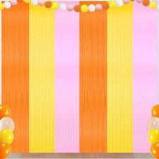 3 Pack Groovy Birthday Fringe Backdrop Orange Pink Yellow Foil Curtains
