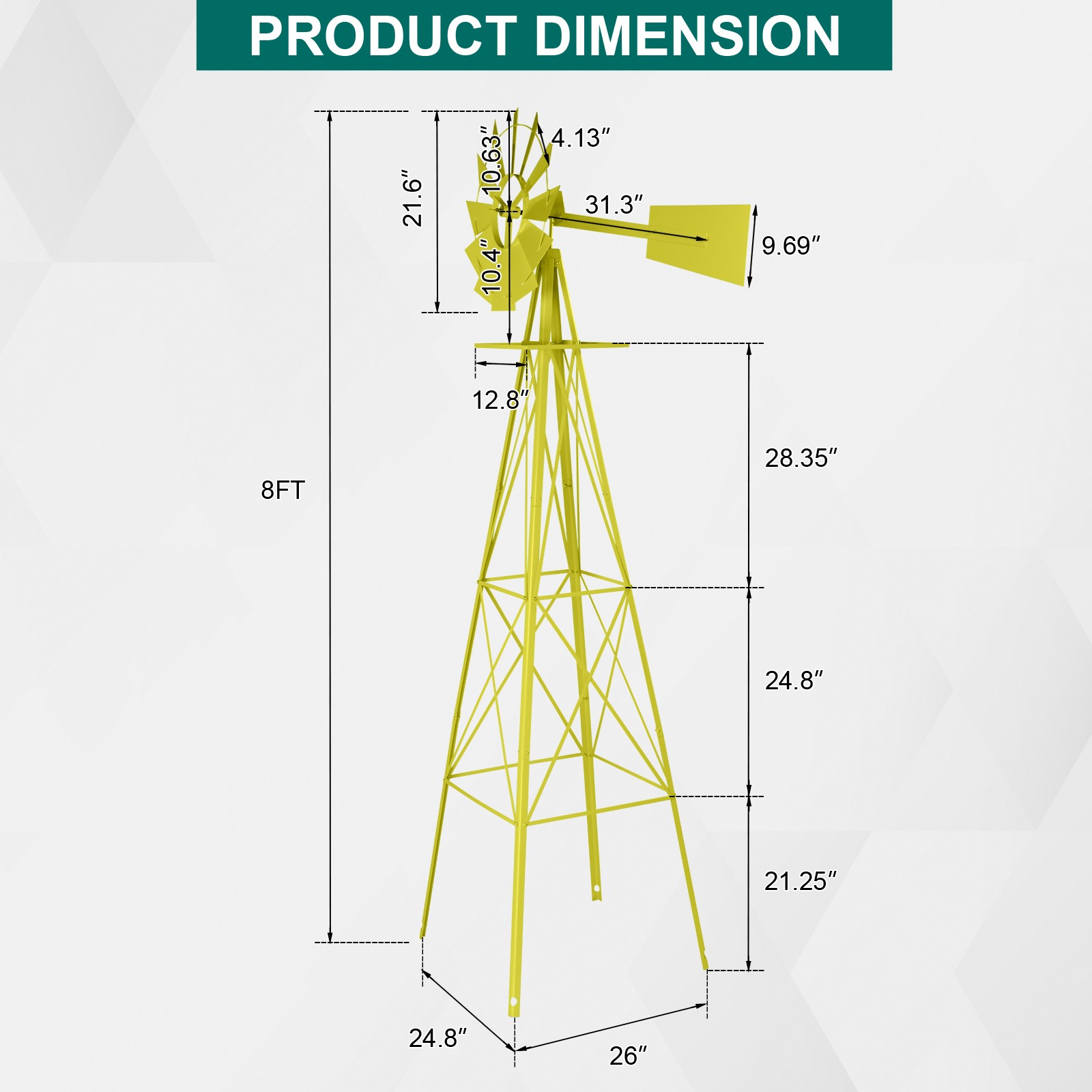 4-foot Iron Windmill Yellow Outdoor Weather Resistant Home Yard 8 FT Garden