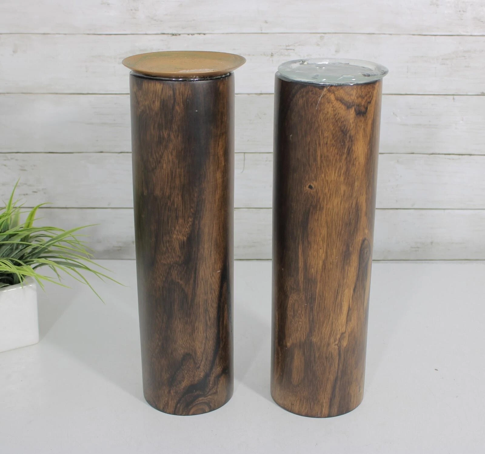 Pair Of Modern Wood Cylinder Pedestal Vases / Sculptural Stands 14" H