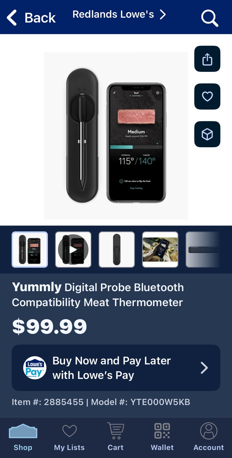 Yummly Smart Wireless Bluetooth Meat Thermometer Black