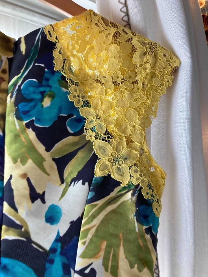 Rickie Freeman Teri Jon 真丝连衣裙 6 热带花卉蕾丝袖派对鸡尾酒 — 第 3/4 张图片