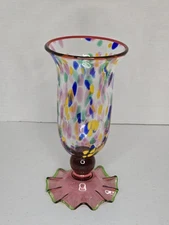 MacKenzie-Childs Molten Confetti footed goblet swirl base red ball stem