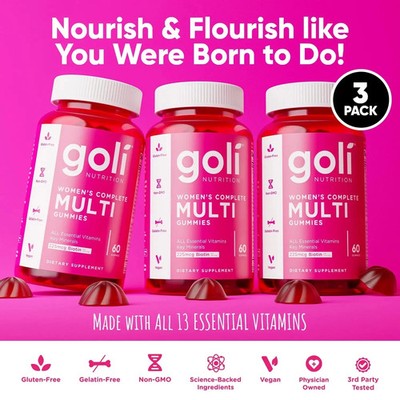 3 Pack Goli Women's Complete Multi Essential Vitamins Key Minerals 180 Gummies