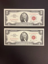 (2) Consecutive Serial # 1963A $2 Red Seal US Currency Notes Uncirculated