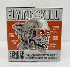 NEW NOS Vtg Flying Skull Chrome PATINA Motorcycle Fender Ornament w/ Red LED Eye