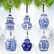 Set of 6 Blue and White Porcelain Ornaments Christmas Chinoiserie Ornament Mini