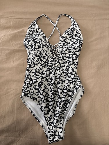 Leilani One Piece Swimsuit Black White Abstract Halter Size 6