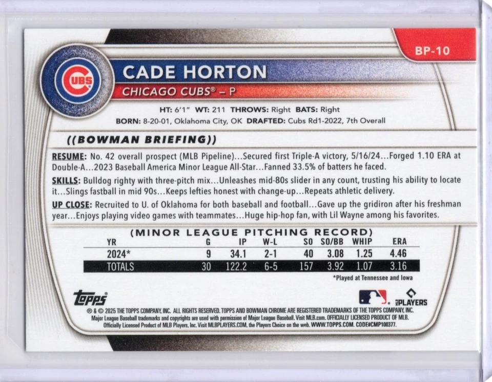 CADE HORTON 2025 Bowman Prospects Baseball Paper #BP-10 CUBS - Image 2 of 2