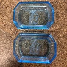 Vintage Blue Glass Ring Dish Jewelry Display Holder Tray Pair of 2