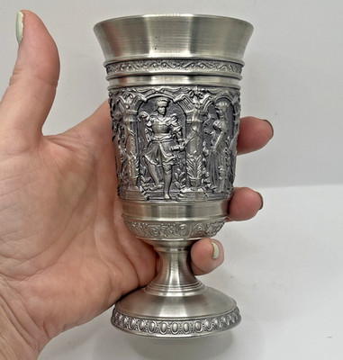 Vintage German Pewter Wine Goblet 5.5  Relief Cast Medieval Knight Castle Scene
